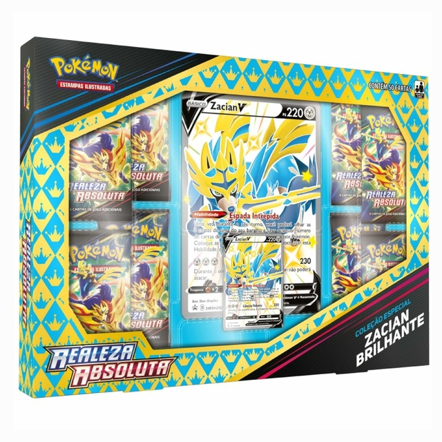 Box Pokémon Realeza Absoluta Zacian Brilhante Com 50 Cartas Copag 