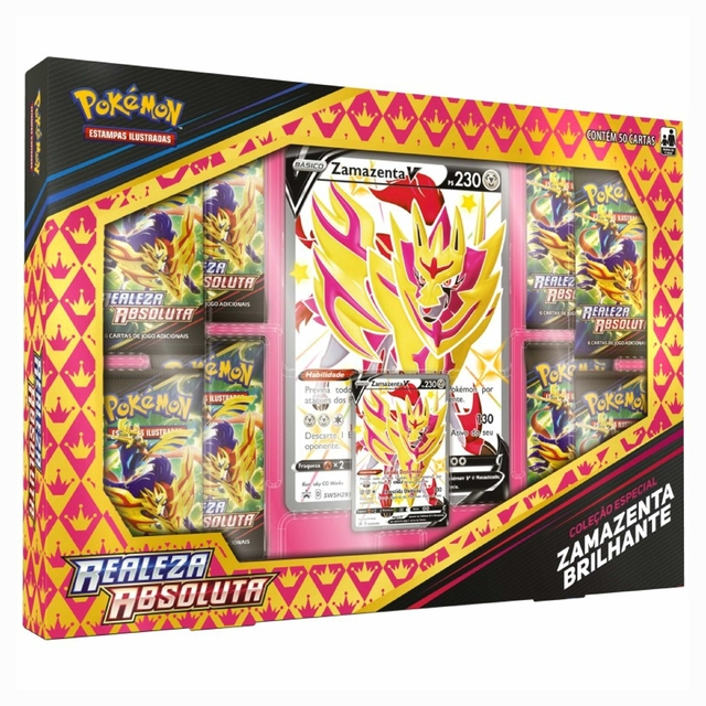 Box Pokémon Realeza Absoluta Zamazenta Brilhante Com 50 Cartas Copag