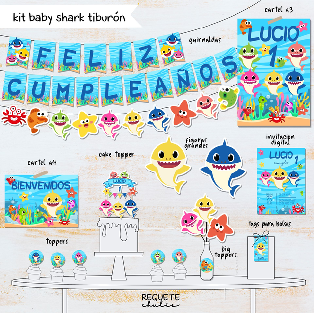 Kit decoración cumpleaños imprimible baby shark