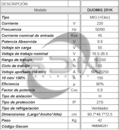 Soldadora MIG RMB DUOMIG 251k- Monof. 250A - comprar online