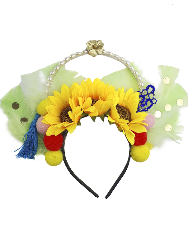 Tiara Carnaval com flores e plumas verdes - Girassóis