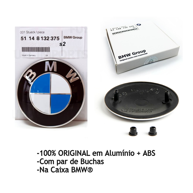 Emblema Capo BMW 82mm Alumínio Serie 1 3 5 6 7 X1 X3 X5 X6 Z3 Z4 +Buchas  Original® na Caixa