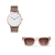 combo reloj blanco/dorado con anteojos de sol marron marca Valkur diseñado en argentina