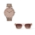 combo reloj mujer rosado/dorado con anteojos de sol marron marca Valkur diseñado en argentina
