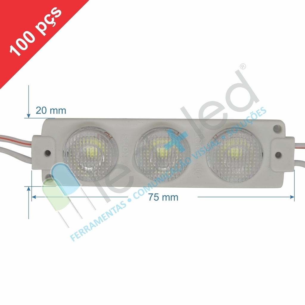 100 Módulo Mega Lente 3 LED Lateral Branco Frio 3W