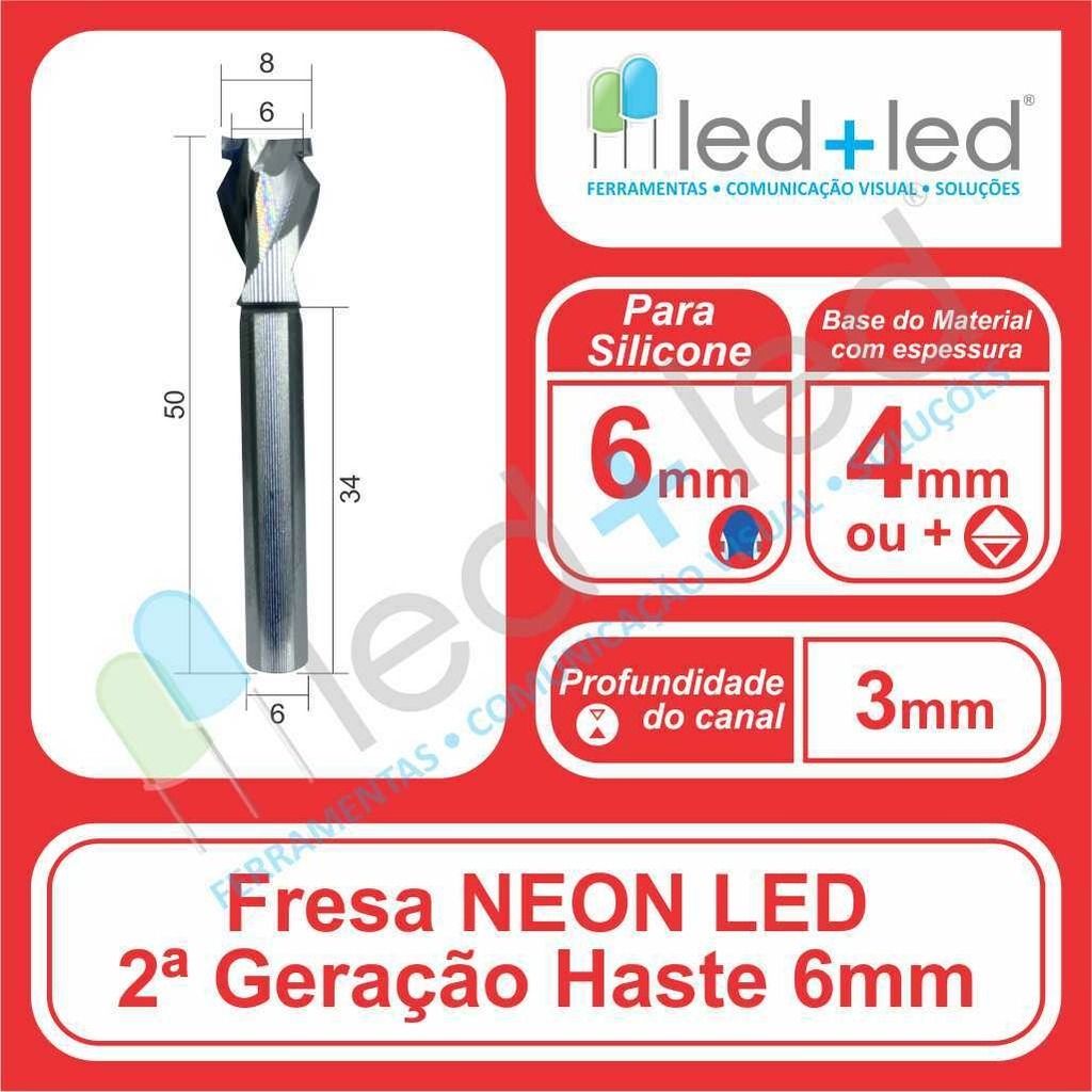 Fresa Cava Canal LED Neon 6mm 2a Geração Haste 6mm *rebaixar 3mm*
