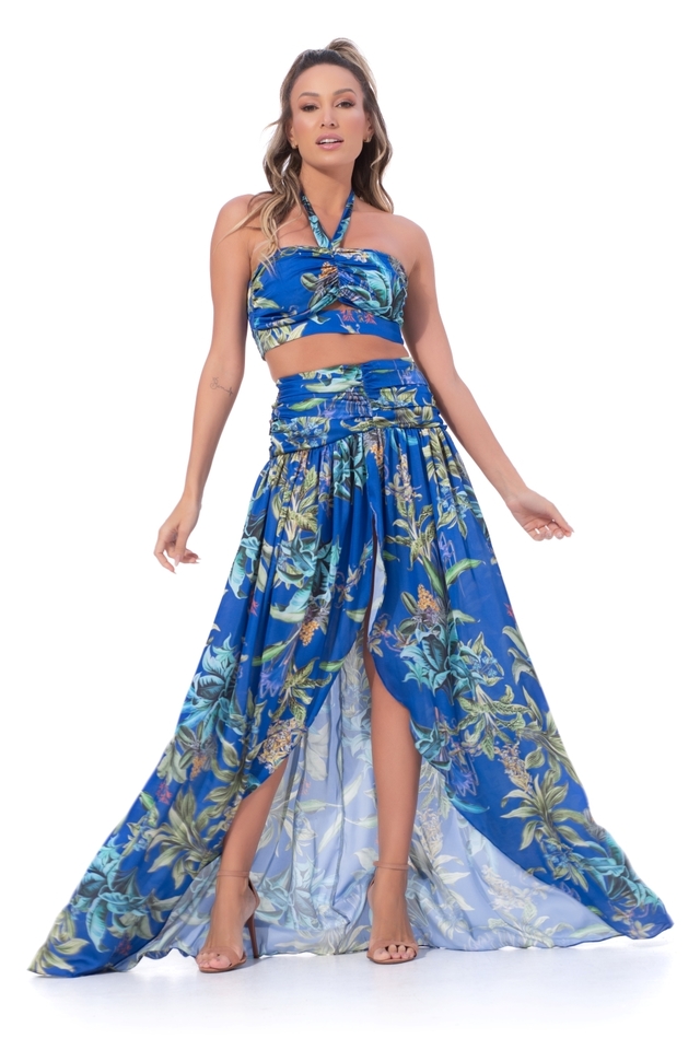 CONJUNTO LONGO TOP SAIA CETIM SEDA FLORAL AZUL Camila Siqueira