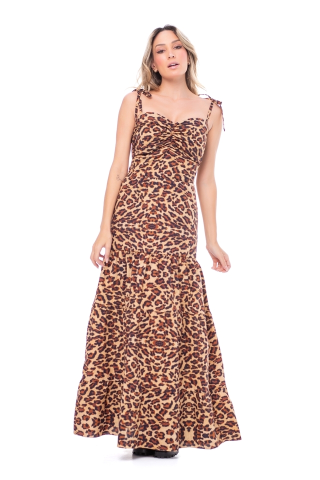 VESTIDO LONGO ANIMAL PRINT ONÇA E LARANJA