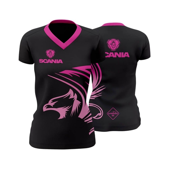 Camiseta Feminina Full Print Scania Águia rosa e preto gola V