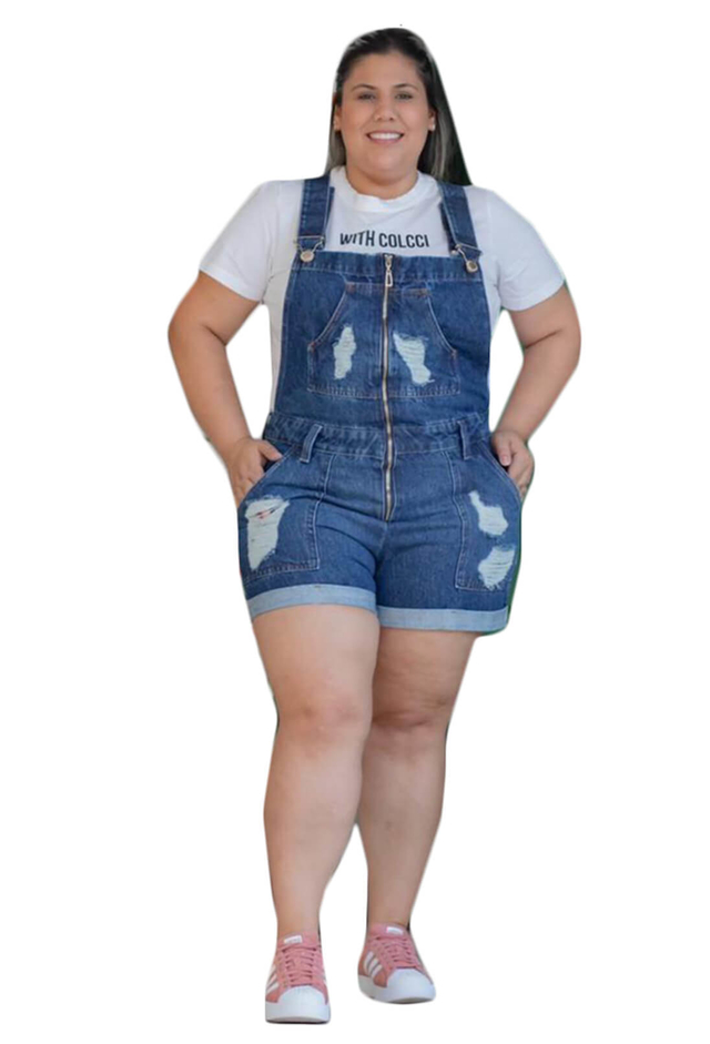 Jardineira Short Feminina Jeans Plus Size Com Zíper Frontal