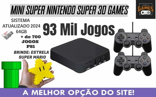 Super Game Retro Box 93 mil jogos - Super 3D Games - 2 Controles Snes +  Brinde Estrela