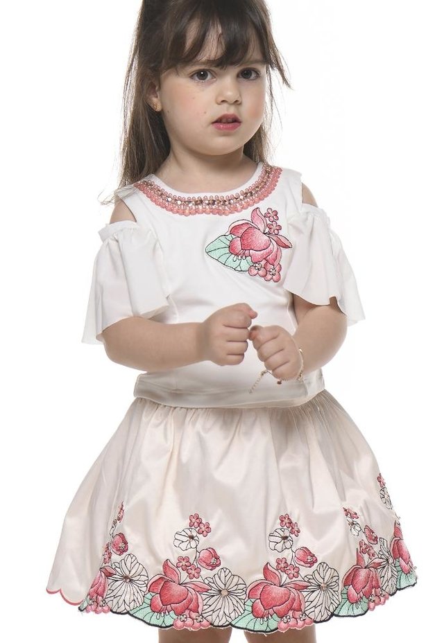 Conjunto Saia Blusa Bordado Branco Kukixo