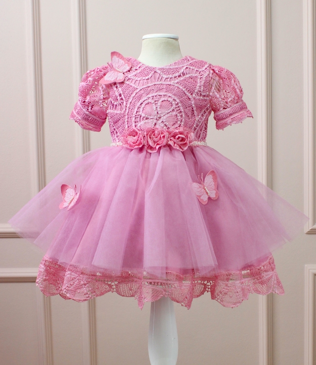 Vestido Infantil Branco Com Borboletas Rosas Pink - Trapézio