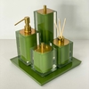 kit de banheiro 4 peças + bandeja 24x24 em resina cristal verde musgo com dourado