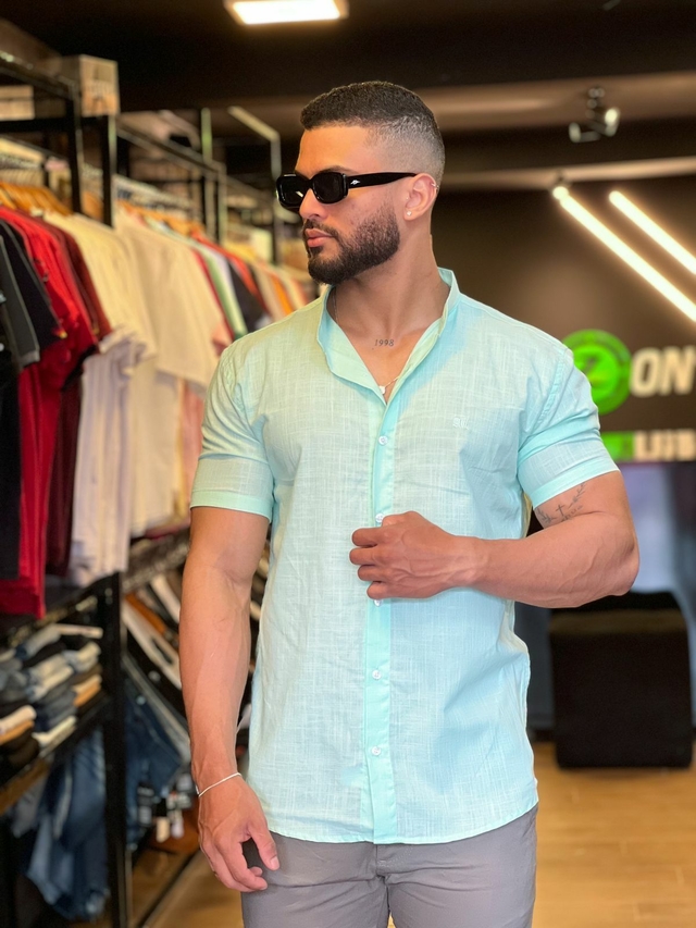 CAMISA SOCIAL ALL BLACK MANGA CURTA GOLA PADRE LINHO VERDE GUA