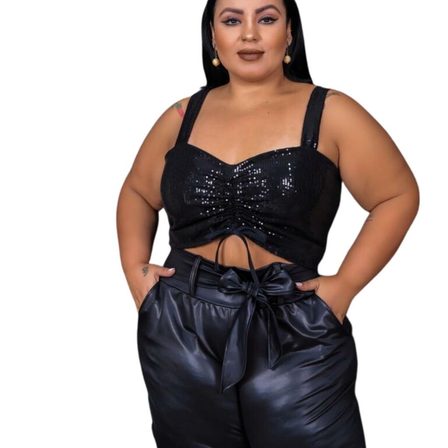 Cropped Top Em Paetê Brilho franzido decote Plus Size