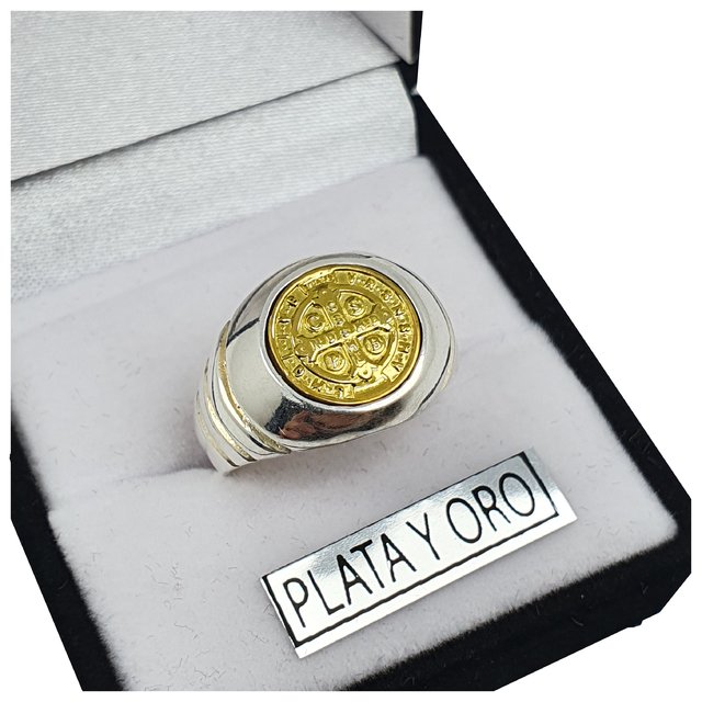 Anillo Plata Y Oro 18kts San Benito Protector 4 8gr