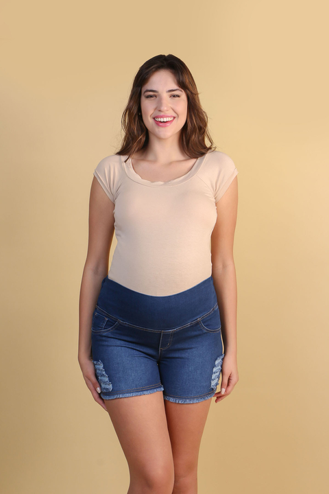 Short jeans gestante barra desfiada destroy jeans escuro