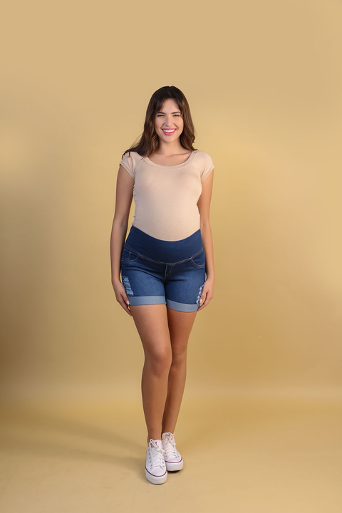 Short jeans gestante barra dobrada destroy jeans escuro