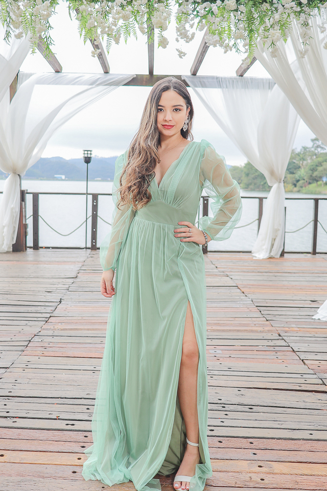 Vestido Longo de Tule Verde Musg0-OLivia Rô