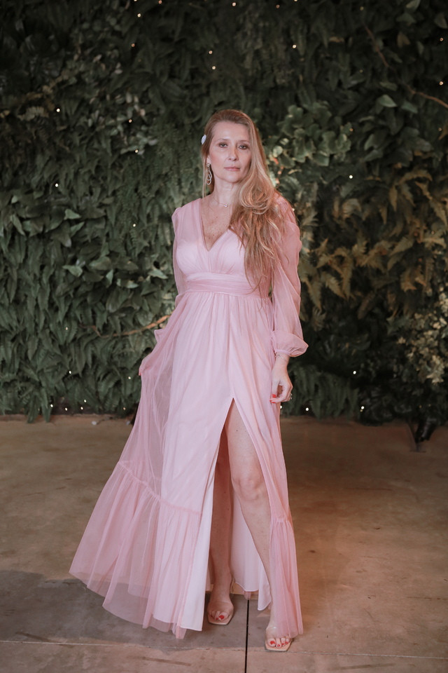 Vestido Longo de tule Rosa chá Rô