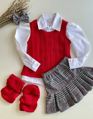 Conjunto Saia Camisa e Colete de Lã Xadrez