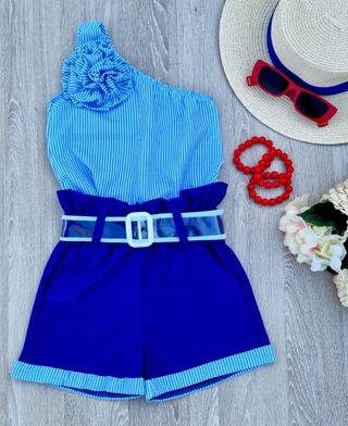 Conjunto azul ( blusa um ombro só, shorts acompanha cinto)