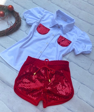 Conjunto paetê vermelho ( camisa em tricoline, shorts com paetês na frente)