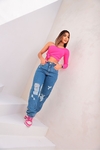 Calça Mom Jeans Faixa Rosa Premium