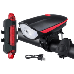 Farol Bike Bicicleta Led Buzina Recarregável +Lanterna Kit