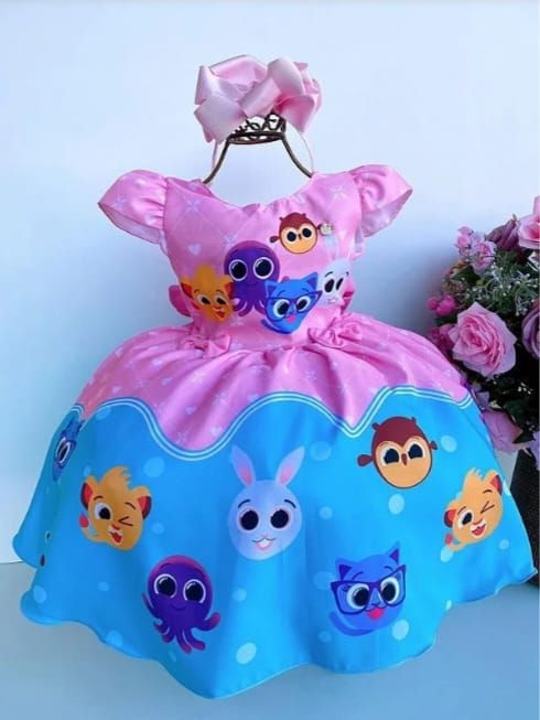 Vestido Infantil Temáticos Kids bolofofos Rosa com Azul