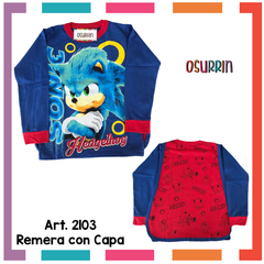 Remeras de algodón con CAPA estampa SONIC. T4 al 12