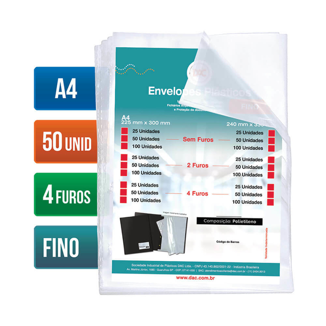 Envelope Plástico A4 Fino 4 Furos - 22,4x30 - C/ 50 Unid.