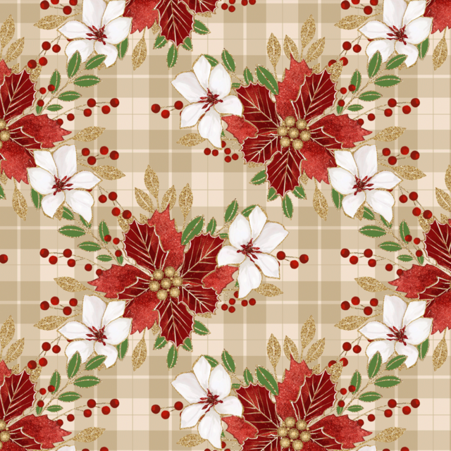 Tricoline Estampa digital - Coleção NATAL - FLORES DE NATAL - FUNDO XADREZ  BEGE - 0,50M X 1,50M