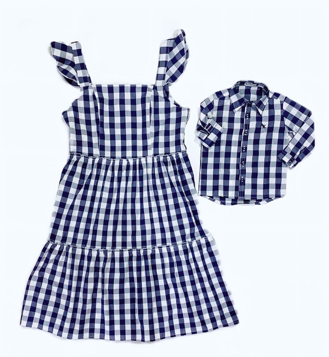 Kit Vestido Midi e camisa - Xadrez azul| Tal mãe, tal filho (duas peças)  |Fazendinha