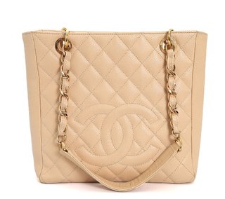Bolsa Chanel Beige Quilted Caviar Leather Petite Shopping Tote