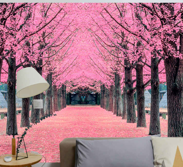 VINILO PARA PARED PASILLO DE ARBOLES ROSA