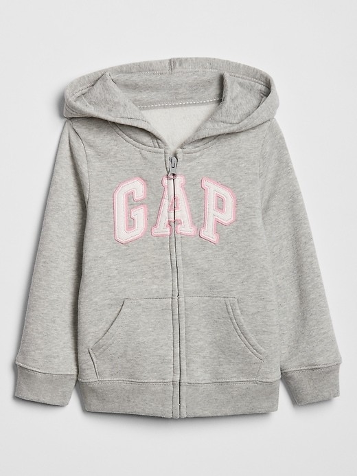 Moletom GAP cinza claro com zíper frontal e logo rosa