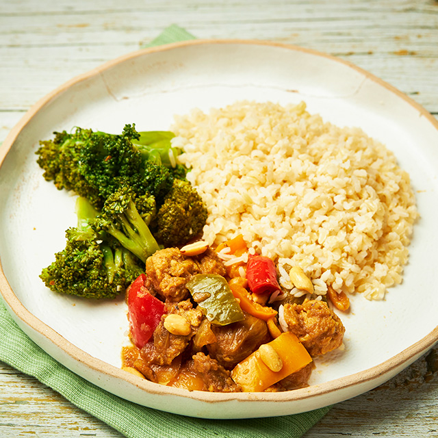 Frango xadrez, arroz e vagem ao vapor