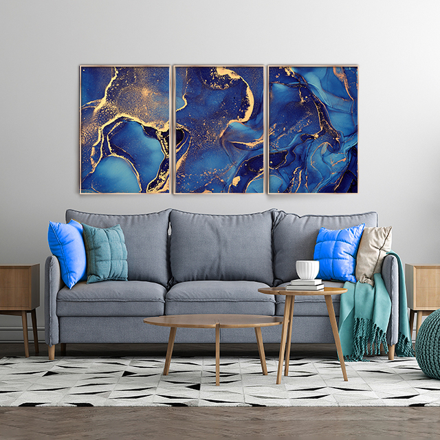 Quadros Decorativo Sala/Hall Abstrato Dourado e Azul