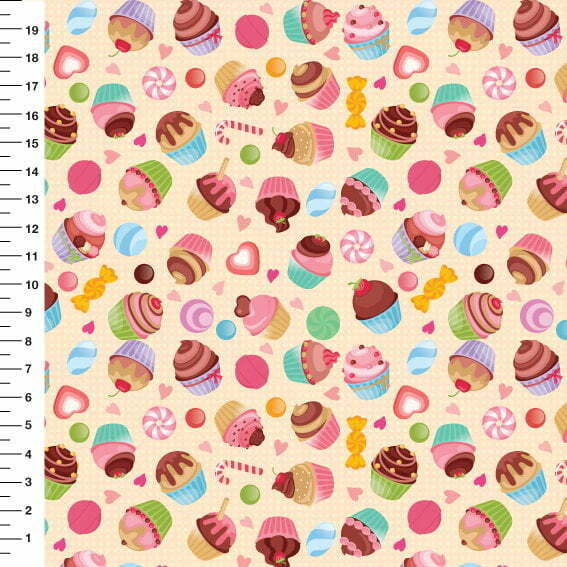 Tricoline Digital Cupcake Fundo Bege, 100% Alg 50cm x 1,50mt