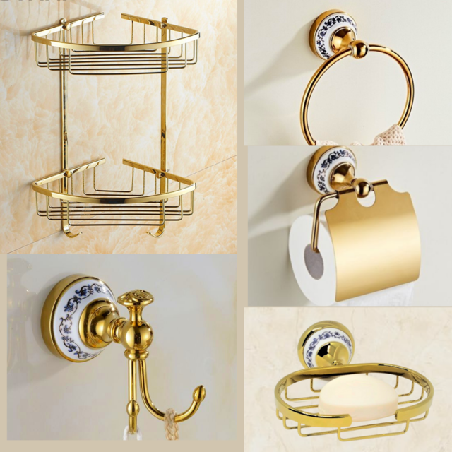 Kit Banheiro Vintage Metal Dourado Ouro Luxo Provençal 5 pçs 80315GP