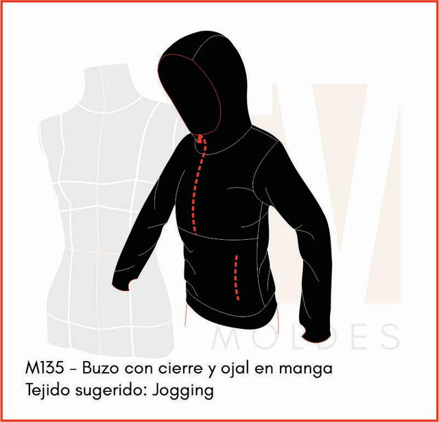 M135 - BUZO CON CIERRES, CAPUCHA Y OJAL EN MANGA (PAPEL)