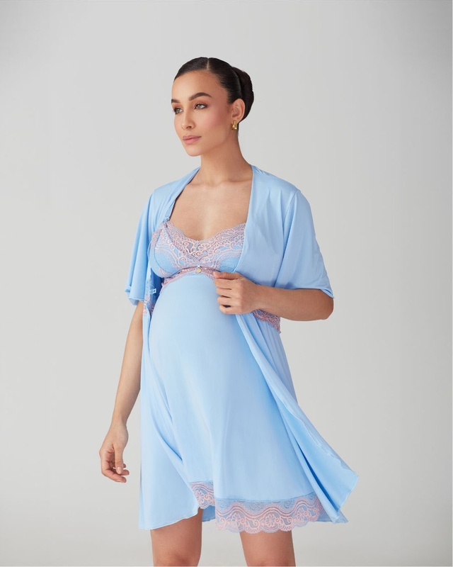 Pale blue Maternity Nightdress with lace Robe and coral details