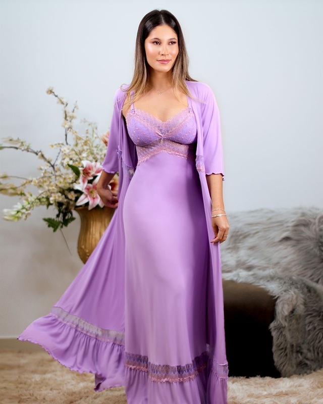 Lavender Long Maternity Nightdress long lace Robe and Rosé details