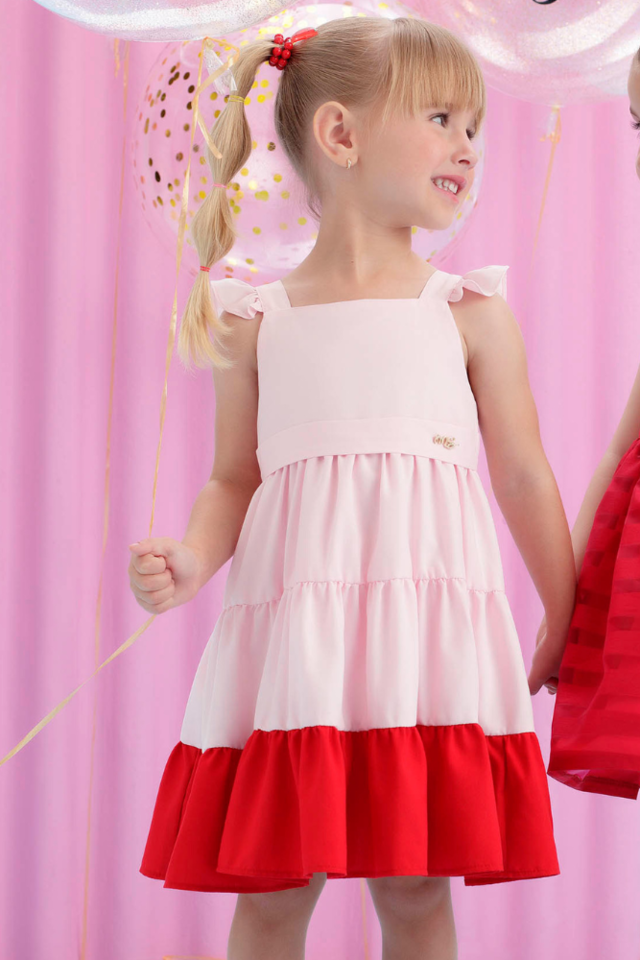 Vestido Infantil Mon Sucré Três Marias Rosa e Vermelho com Alça e F