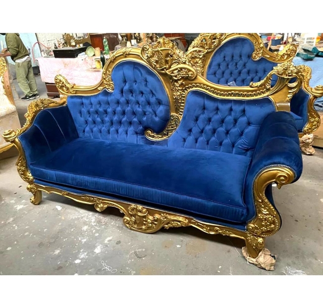 Jogo Sofa Classico Folha Ouro Tecido Azul Entalhado Mão Luxo