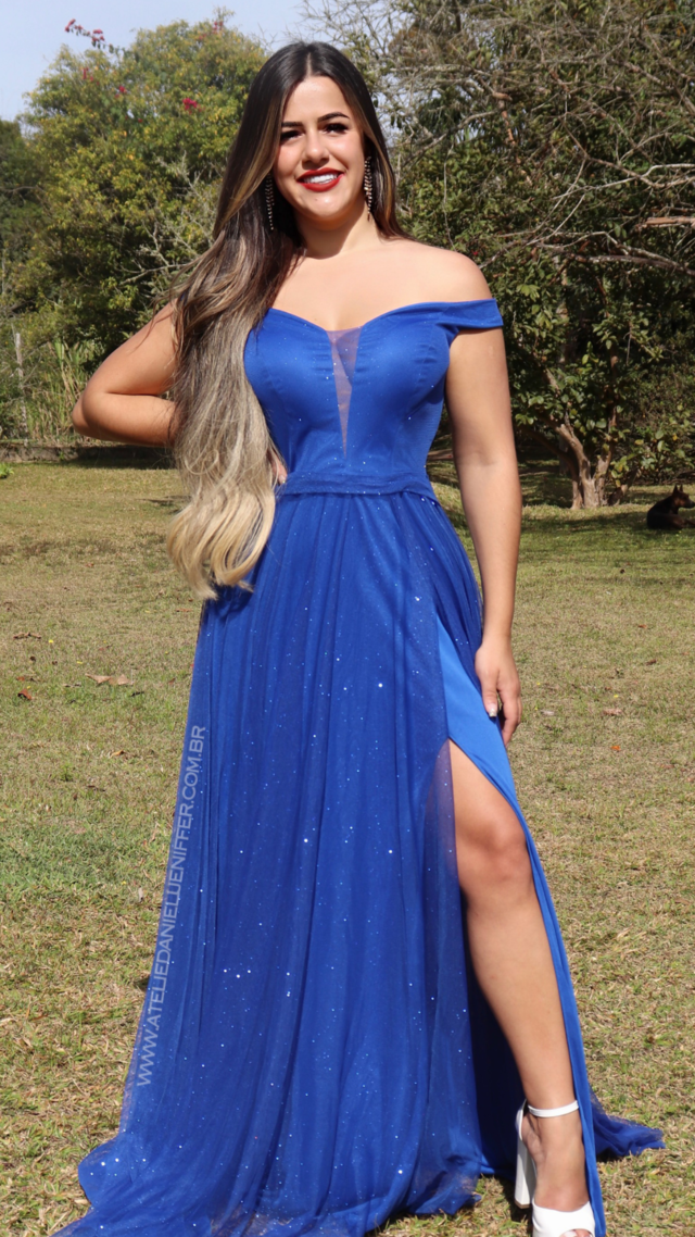 Vestido Longo Azul Royal Ombro A Ombro Com Fenda Isabelly