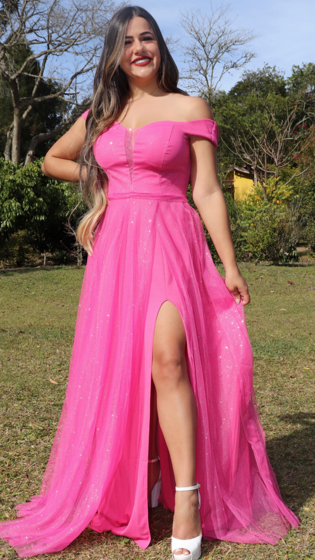 Vestido Longo Rosa Ombro A Ombro Com Fenda Isabelly