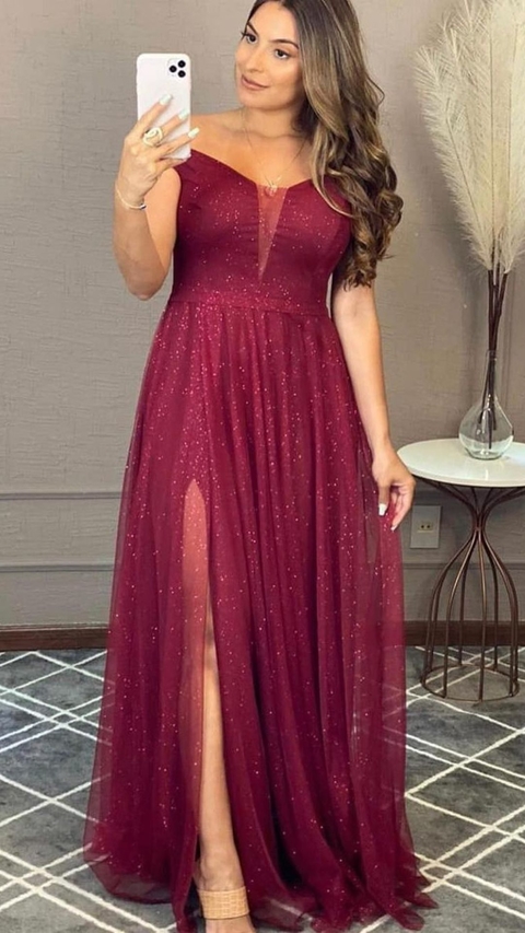 Vestido Longo Marsala Ombro A Ombro Com Fenda Isabelly